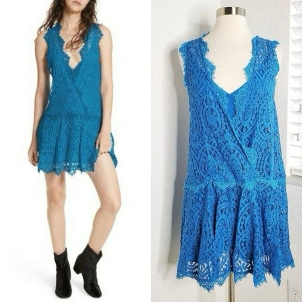 Free People Heart In Two Lace Mini Dress In Deep Ocean Bright Blue Size XS